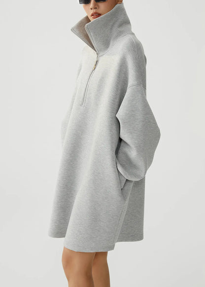 Grey Zip Up Pockets Warm Fleece Sweatshirt Dress Winter