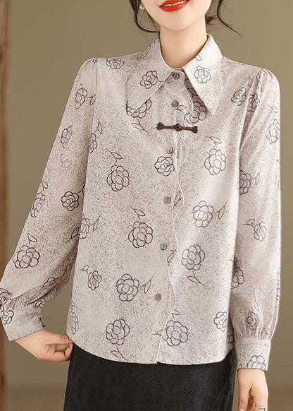 Apricot Peter Pan Collar Print Cotton Shirt Tops Spring