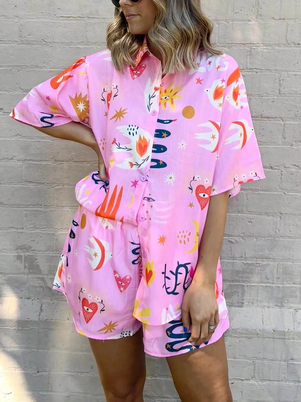 Printed Shirt Lace-up Elastic Shorts Set