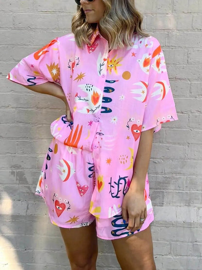 Printed Shirt Lace-up Elastic Shorts Set