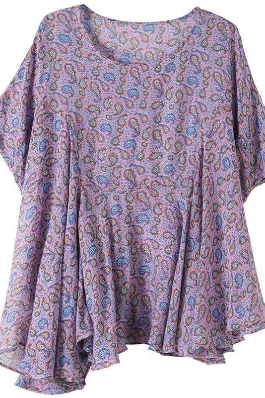 Leaf O Neck Irregular Print Loose T-shirt