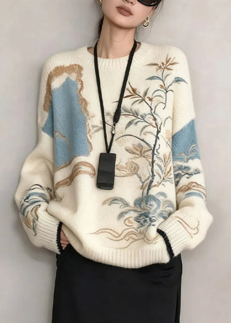French White Plants Cozy Knit Sweater Winter