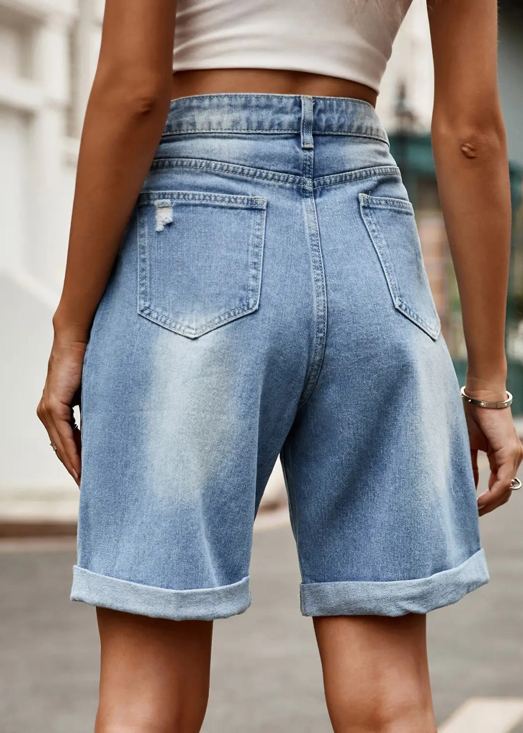 New Light Blue Hole Pockets High Waist Denim Shorts Summer