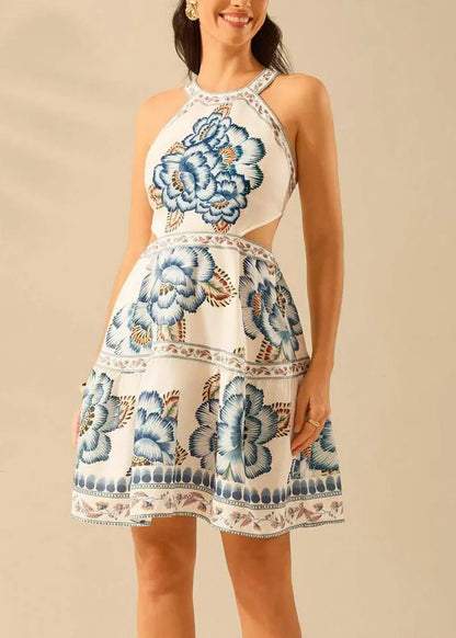 French Backless Lace Up Print Cotton Mid Dress Summer