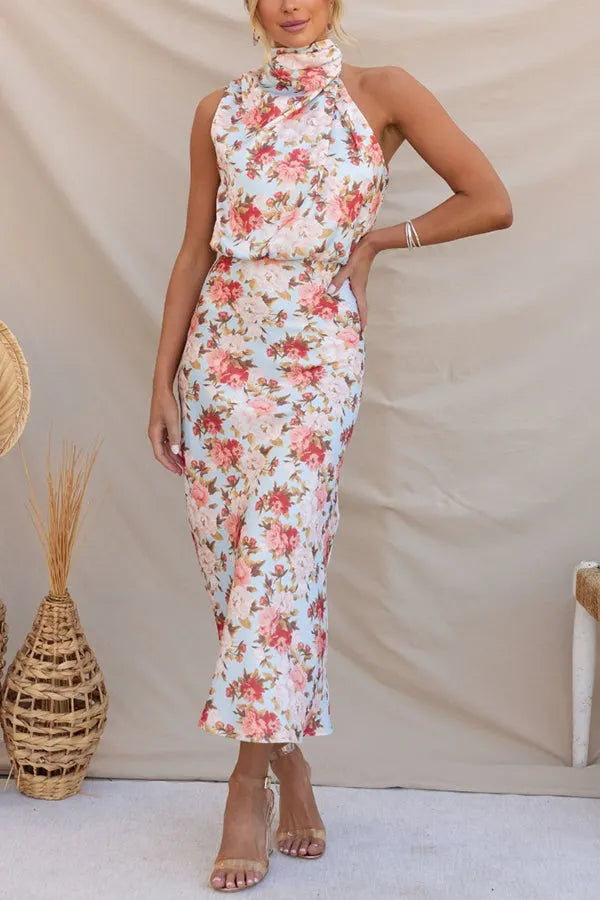 Wine Country Dates Halter Neck Elastic Waist Party Midi Dress