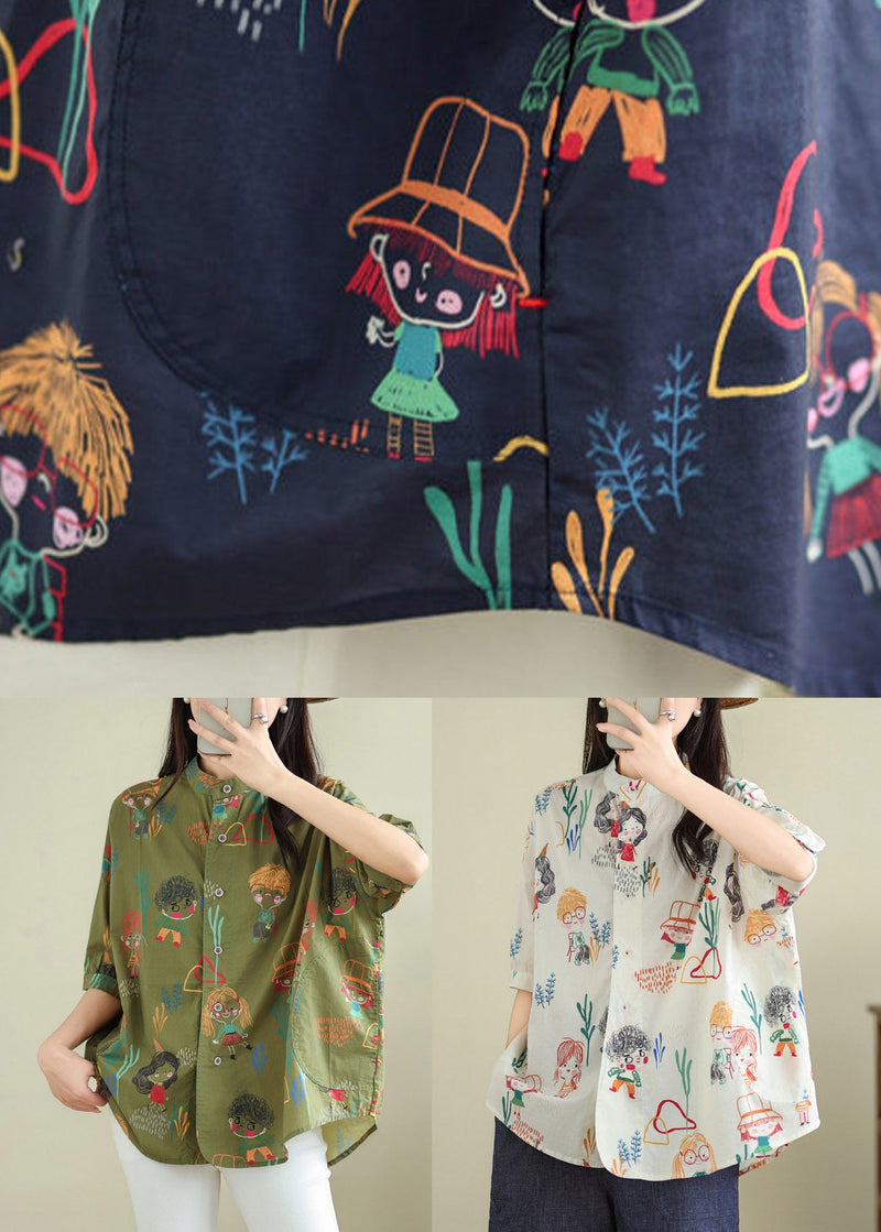 White Print Button Shirts Summer