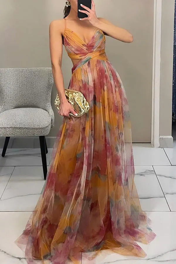 Giselle Tulle Render Print Cutout Waist Back Lace-up Maxi Dress