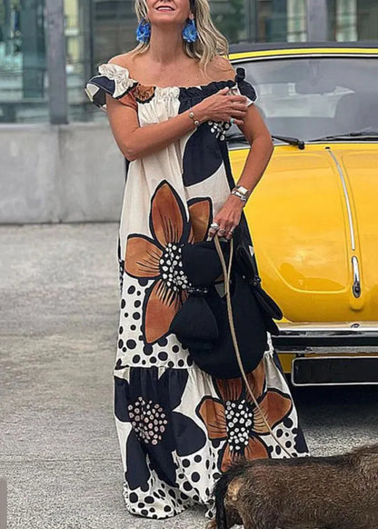 Loose Slash Neck Print Ruffled Cotton Maxi Dresses Summer