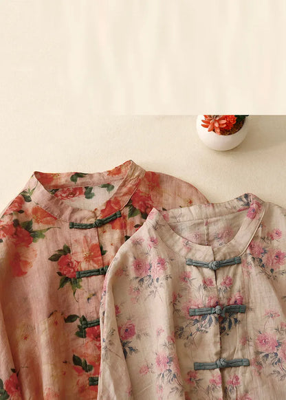 Pink Print Chinese Button Linen Shirts Spring