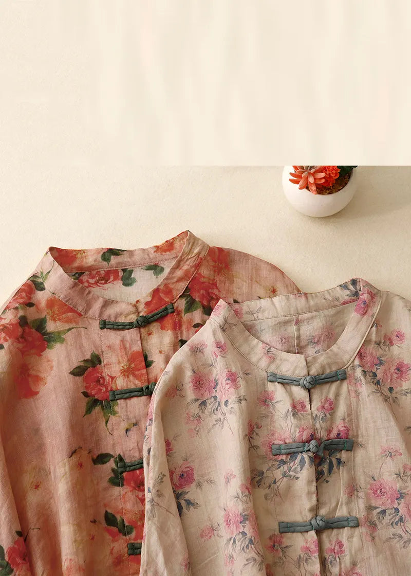 Pink Print Chinese Button Linen Shirts Spring
