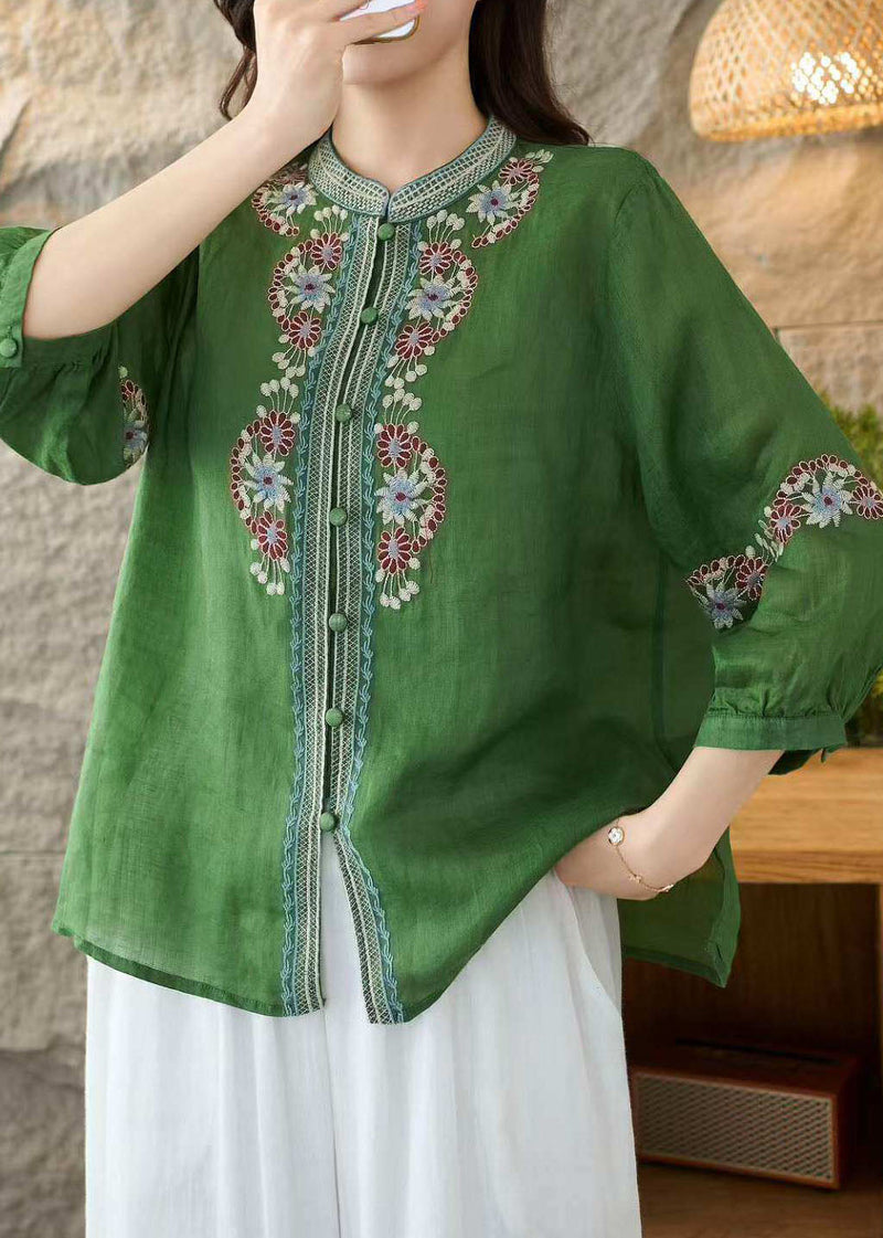 Loose Green Stand Collar Embroidered Linen Tops Bracelet Sleeve
