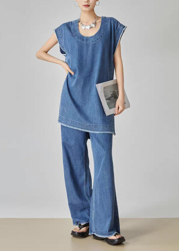 Blue O-neck Patchwork Denim T Shirt Dress and Jeans Two Piece Set Summer