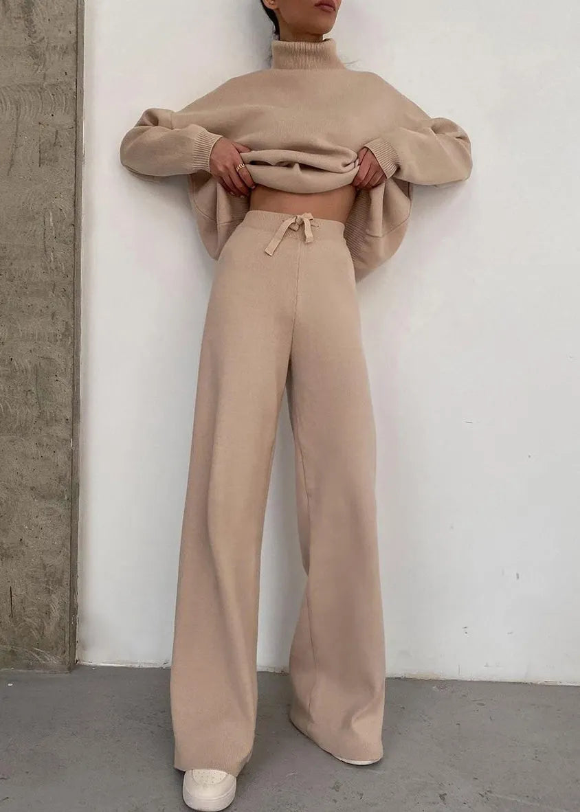 Style Khaki Hign Neck Lace Up Knit Two Pieces Set Winter