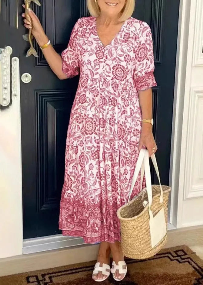 Blue V Neck Print Wrinkled Cotton Dress Summer