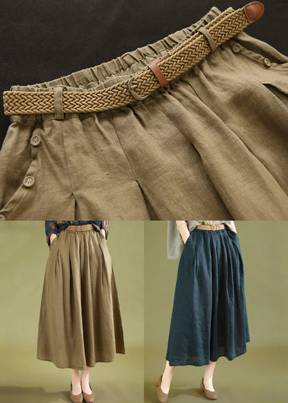 Navy Wrinkled Linen Skirts Elastic Waist Summer