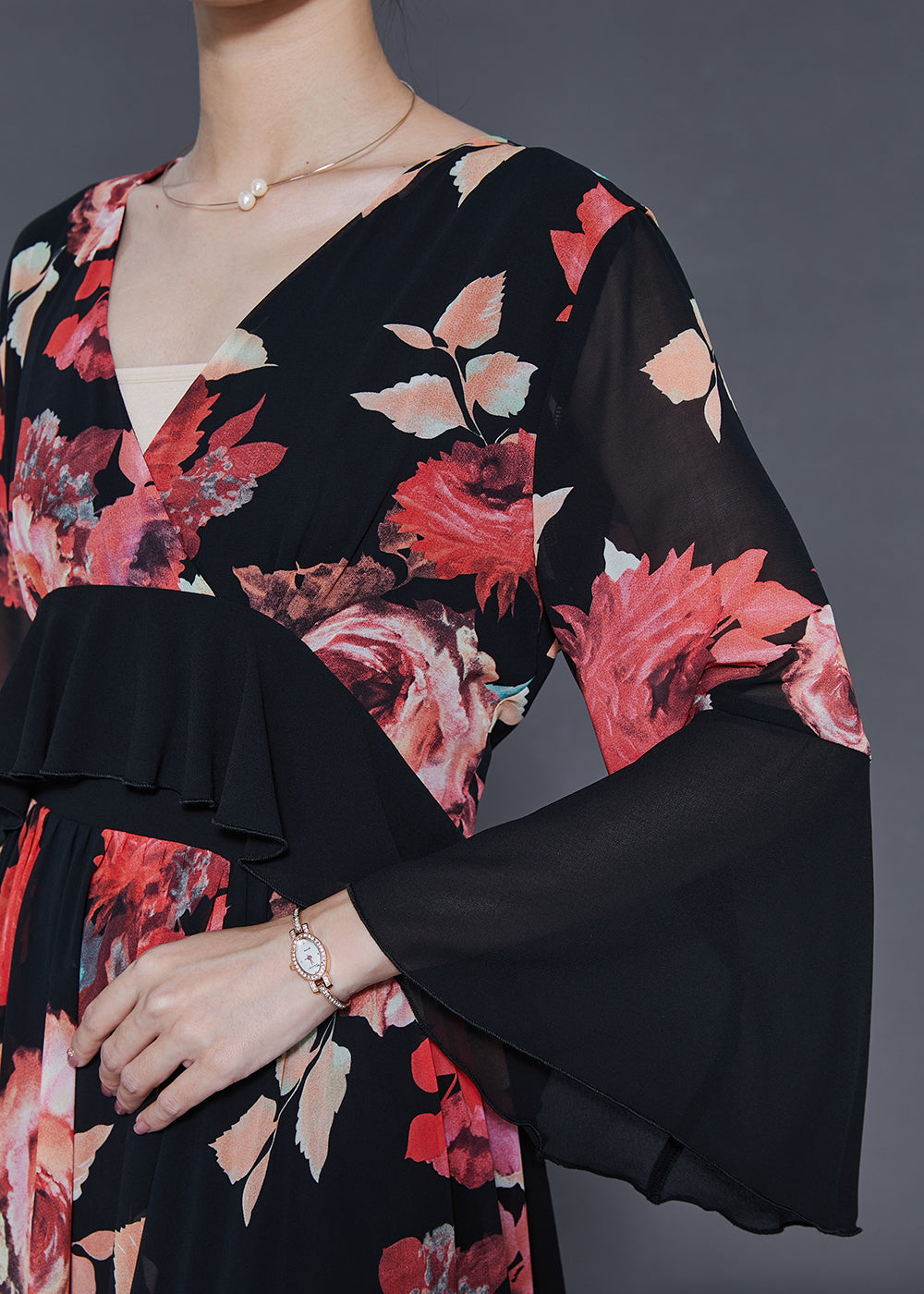 Red Patchwork Chiffon Maxi Dresses Fall