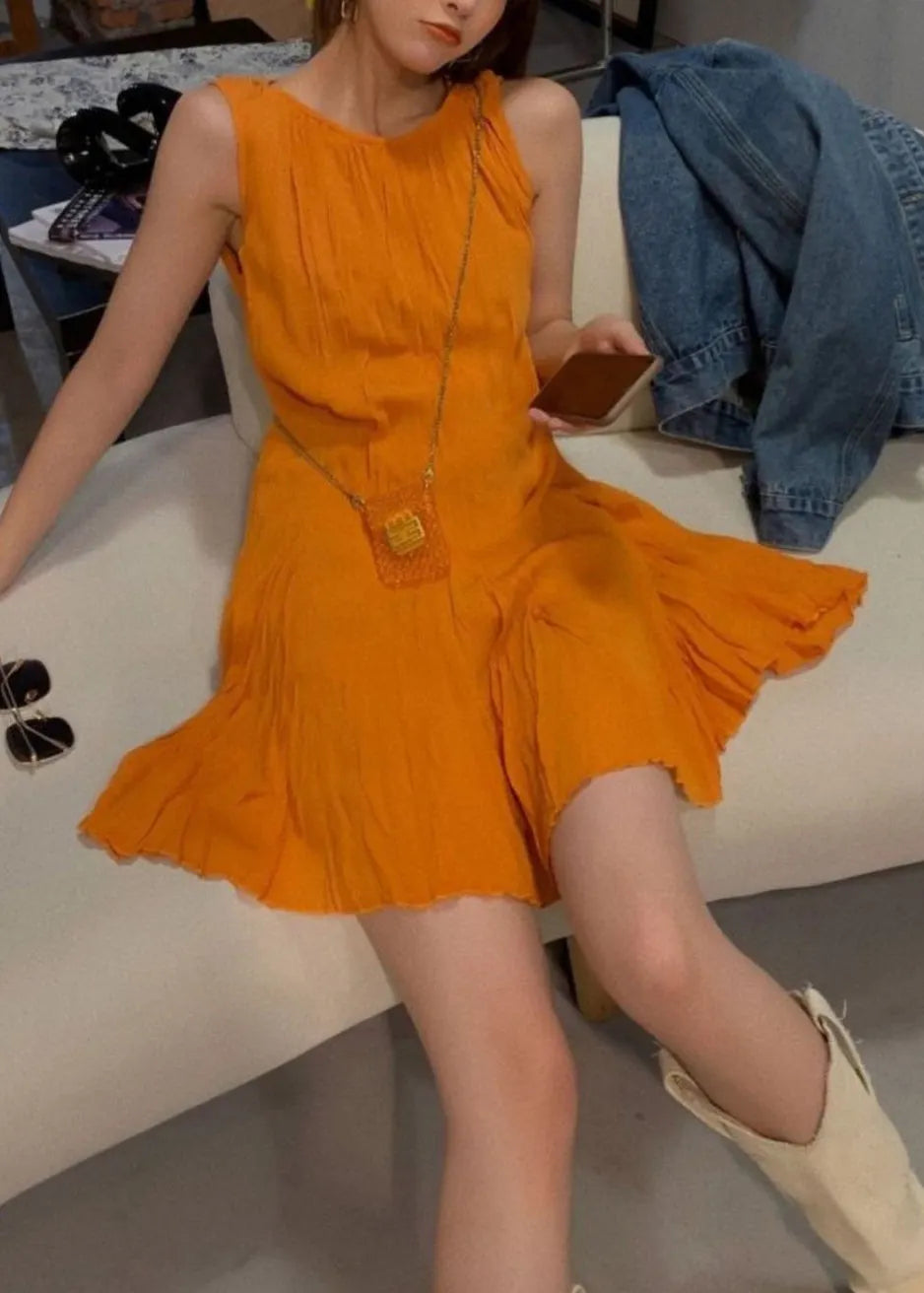 New Orange O Neck Cotton Mid Dress Sleeveless