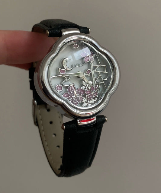 Black Metal Leather Hardlex Crystal Watches