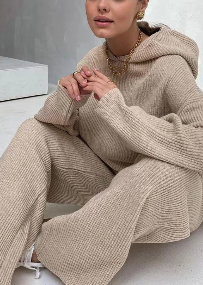 French Apricot Hooded Pullover Knit Two Pieces Set Winter