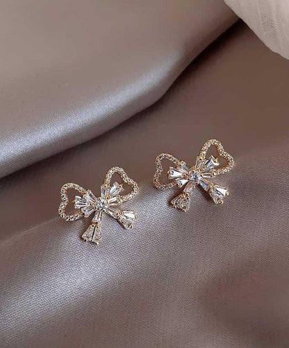 Gold Sterling Silver Alloy Zircon Bow Stud Earrings