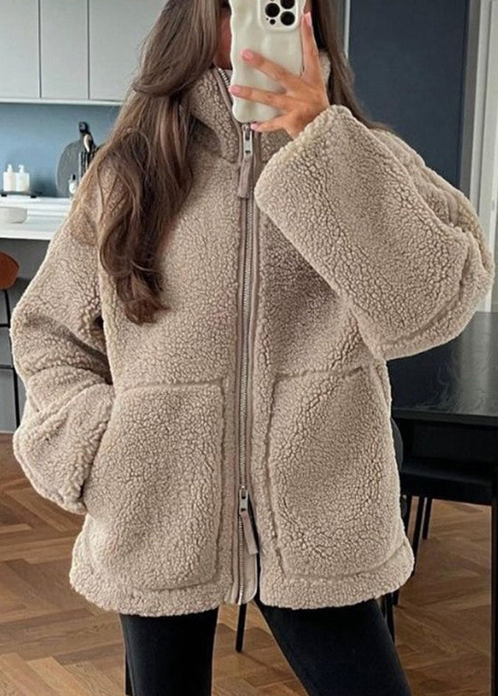 Style Khaki Zip Up Pockets Faux Fur Coat Outwear Winter