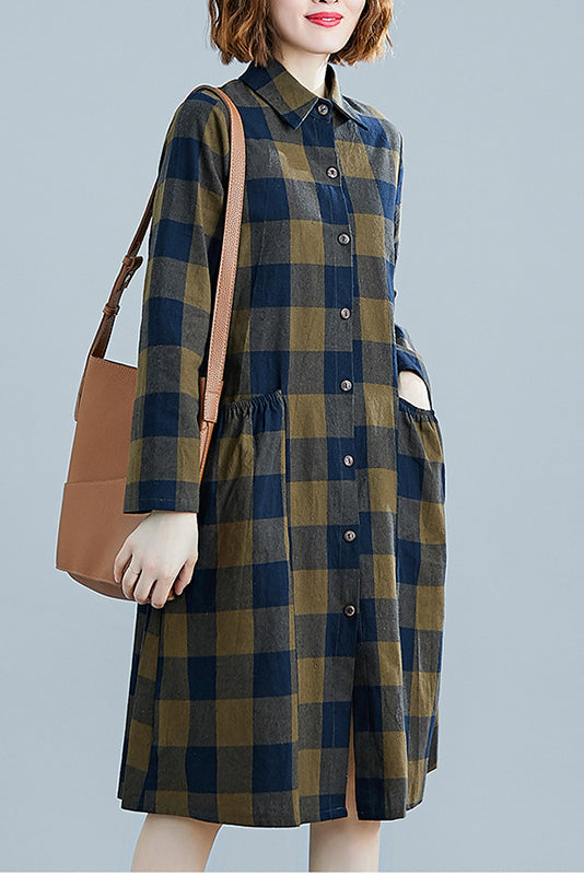 -retro Long-sleeved Shirt Cotton Linen Plaid Dress