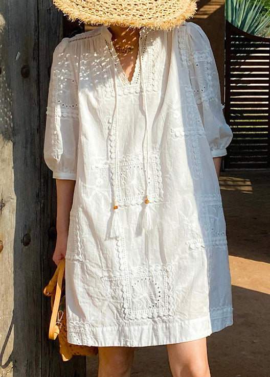 White V Neck Hollow Out Pockets Cotton Dress Half Sleeve