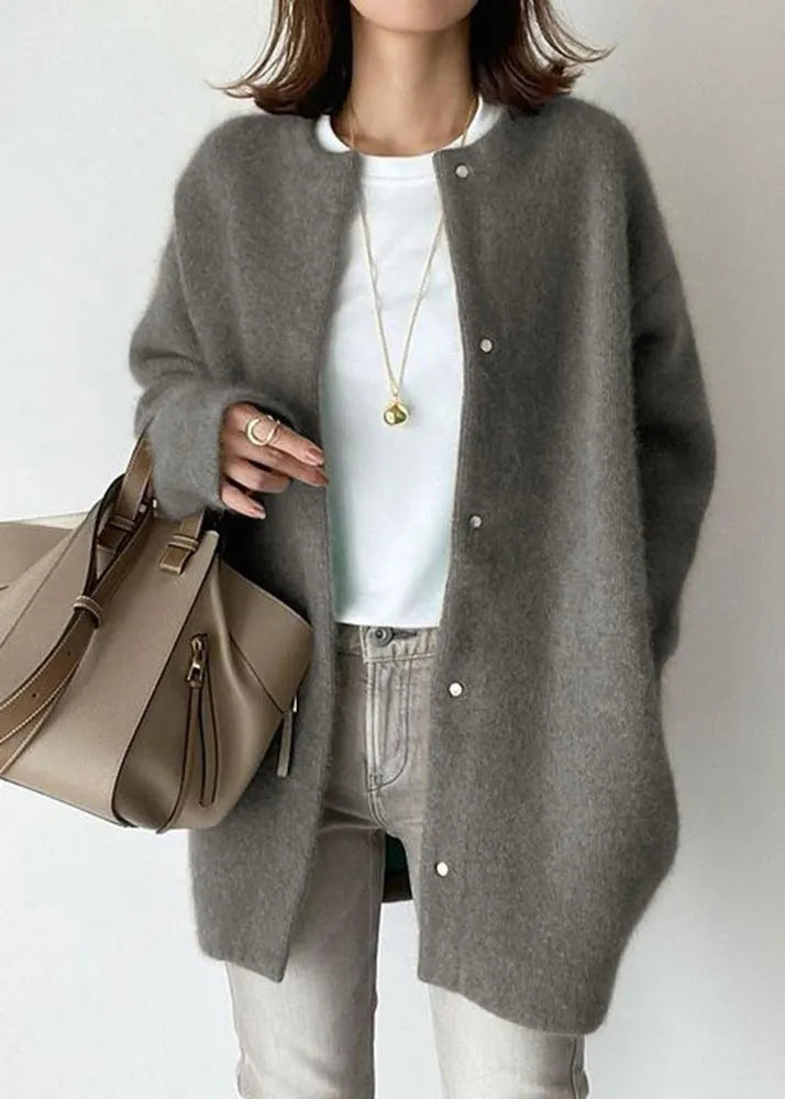 Loose Coffee O Neck Button Woolen Coat Spring
