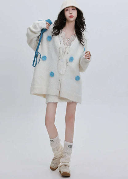 Cozy White Oversized Knit Cardigan Flower Decorated Winter