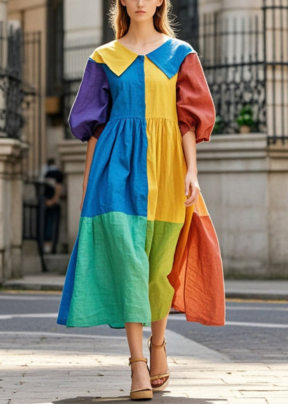 Diy Colorblock Patchwork Cotton Dress Oversized Half Sleeve