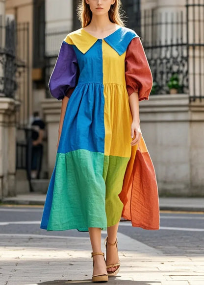 Diy Colorblock Patchwork Cotton Dress Oversized Half Sleeve