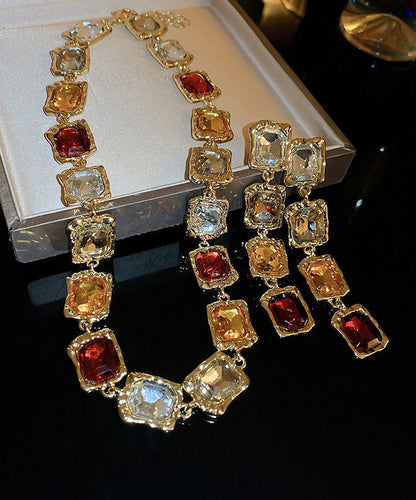 Gold Alloy Gem Stone Necklace and Drop Earrings Two-piece Set