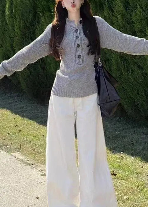 Classy Grey Button Cozy Knit Sweater Tops Fall