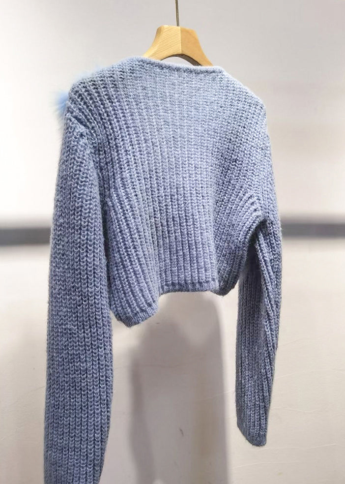 Purple V Neck Patchwork Cotton Knit Sweater Winter