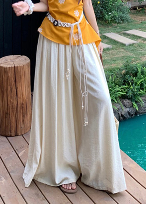 New Yellow Cold Shoulder Print Tops and Beige Wide Leg Pants Cotton Two Pieces Set Summer