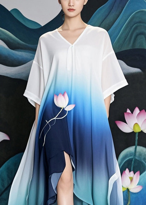 Gradient Color Asymmetrical Design Lotus Print Chiffon Long Dress Summer
