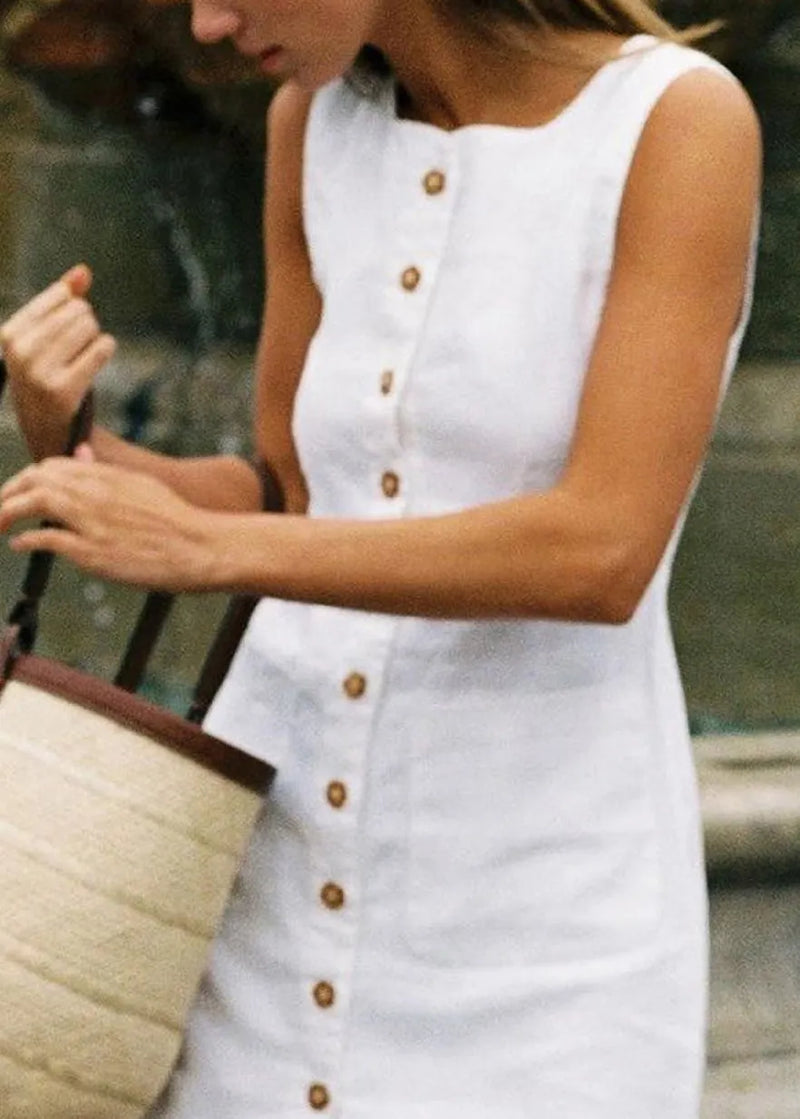 New White Button Cotton Mini Dress Sleeveless