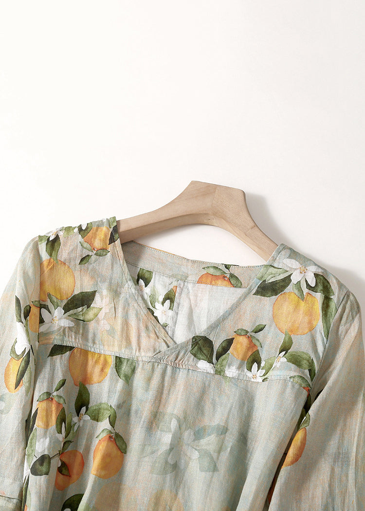 Light Green V Neck Print Lace Up Linen Long Dresses Summer