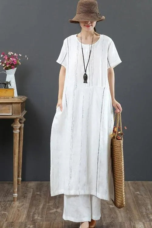 Loose Linen Striped Maxi Dress Loose Summer Outfits