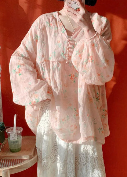 Pink Button Print Cotton Blouse Lantern Sleeve