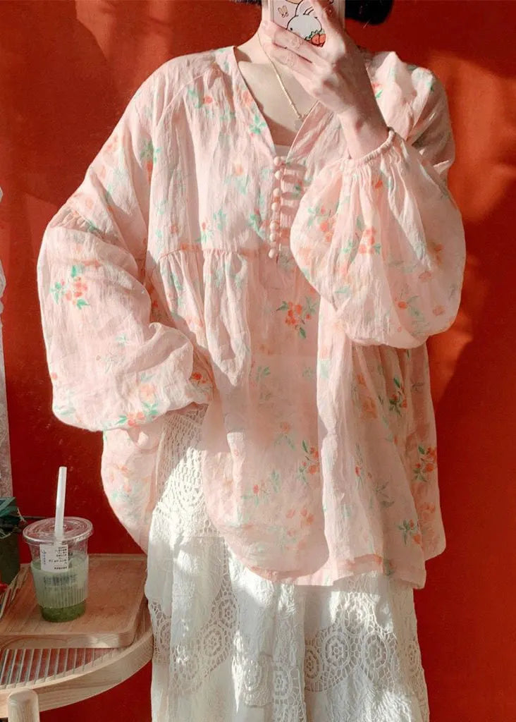 Pink Button Print Cotton Blouse Lantern Sleeve