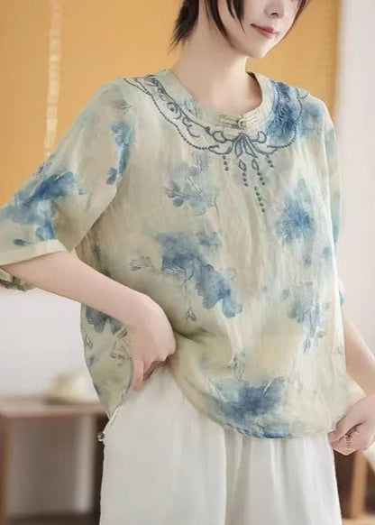 Art Blue Mandarin Collar Print Linen Top Summer