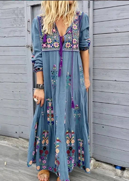 Blue V Neck Print Patchwork Cotton Long Dresses Spring