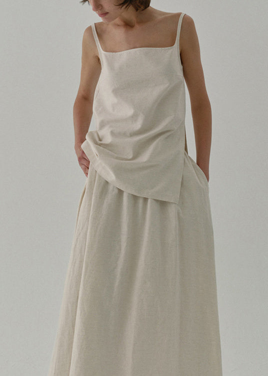 Beige Zip Up Linen Strap Tank Top Sleeveless