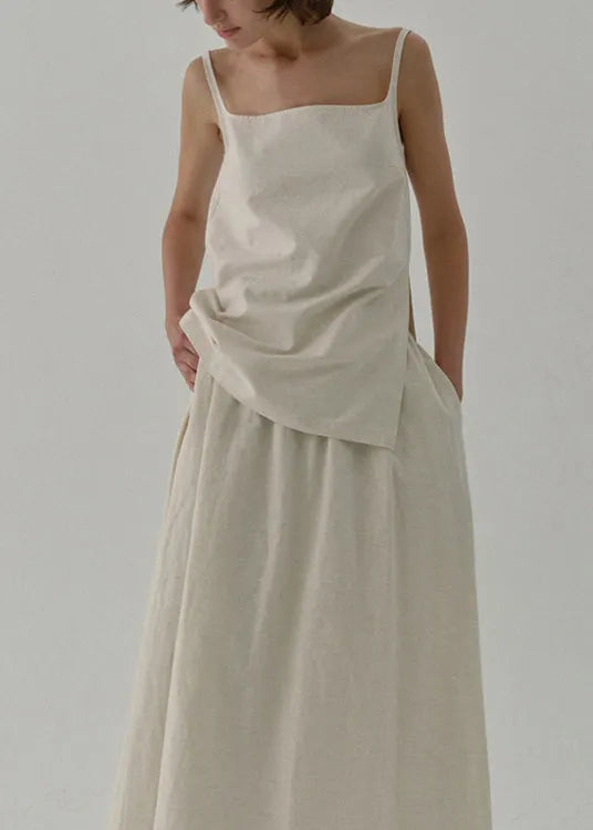 Beige Zip Up Linen Strap Tank Top Sleeveless
