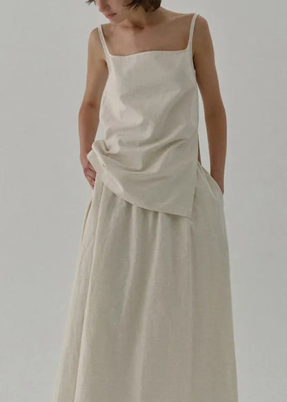 Beige Zip Up Linen Strap Tank Top Sleeveless