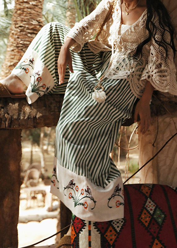 Organic Green Striped Embroidered Cotton Wide Leg Pants Summer