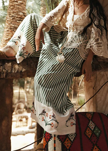 Organic Green Striped Embroidered Cotton Wide Leg Pants Summer