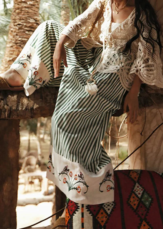 Organic Green Striped Embroidered Cotton Wide Leg Pants Summer