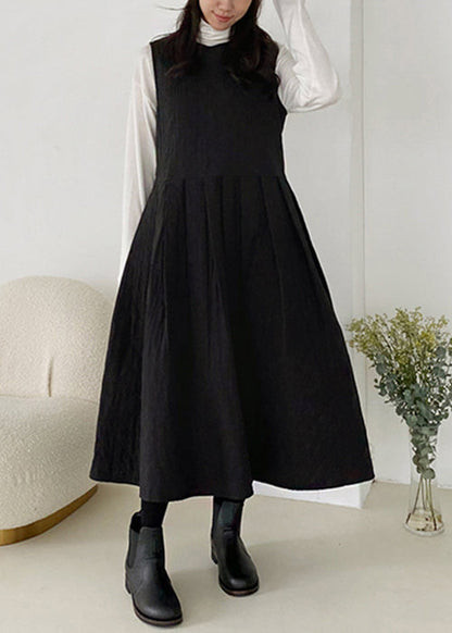 Simple Black O-neck Pockets Cotton Filled Tank Dress Sleeveless